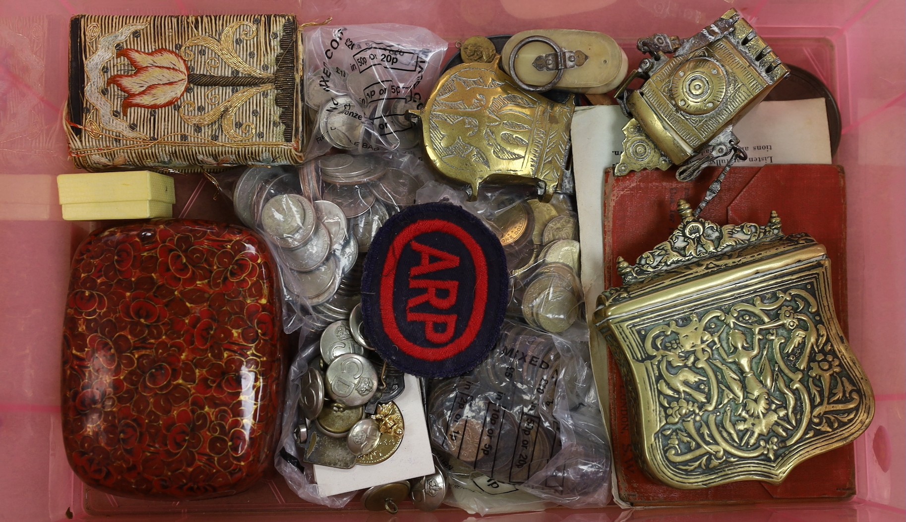 A group of collectibles to include two Napoleon III medallions, coinage, a yellow metal pendant, military buttons etc
